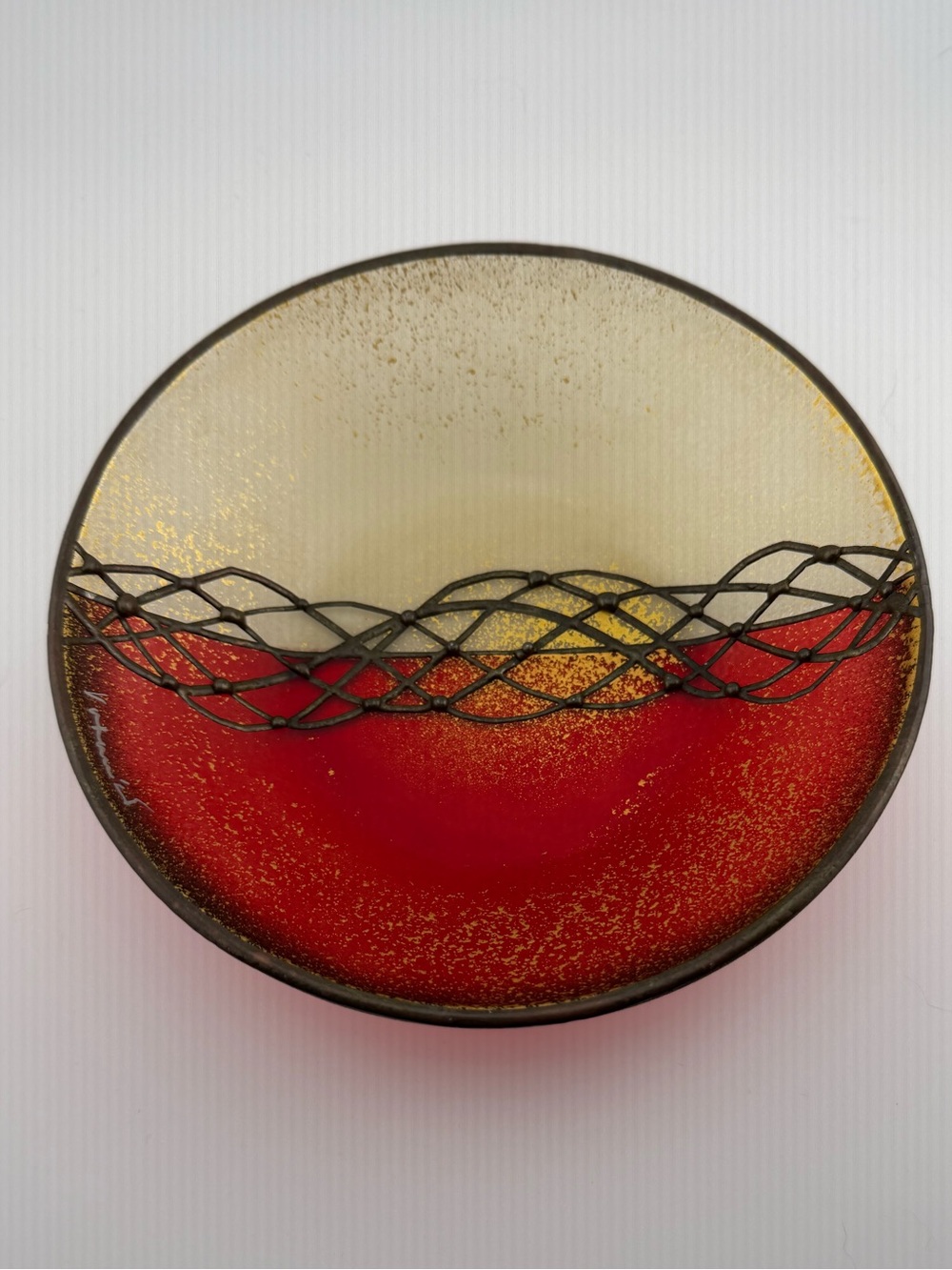 Vitrix Studio Art Glass Small Bowl Thomas Kelly Mixed Media Wire Red Gold Signed